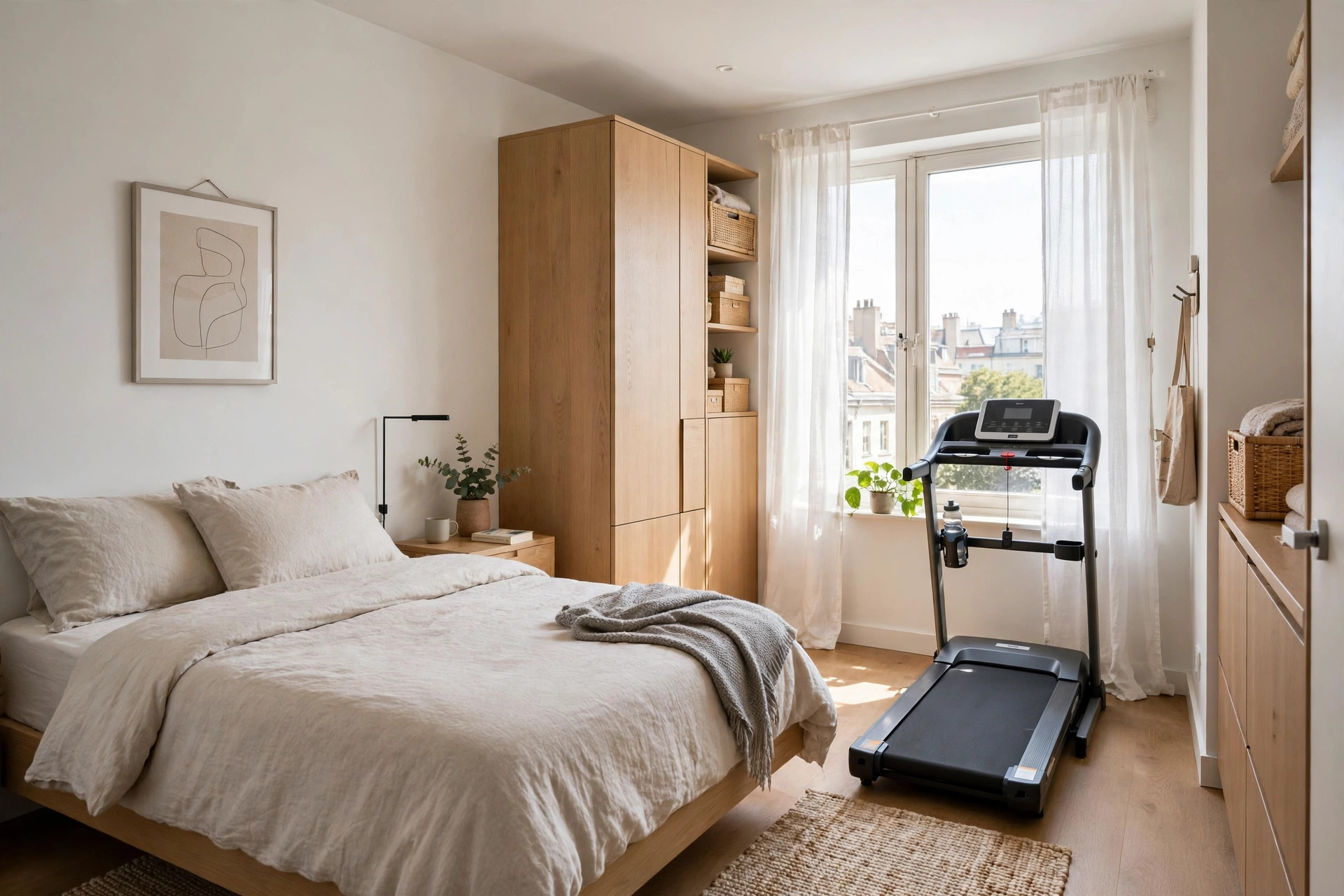 A slim walking pad slid halfway under a bed in a small bedroom