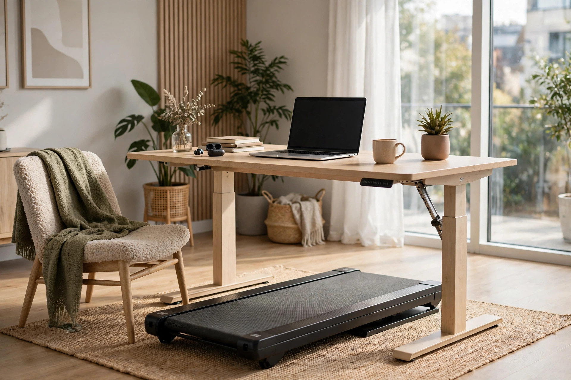 A slim walking pad under a standing desk in a home office with a laptop on the desk