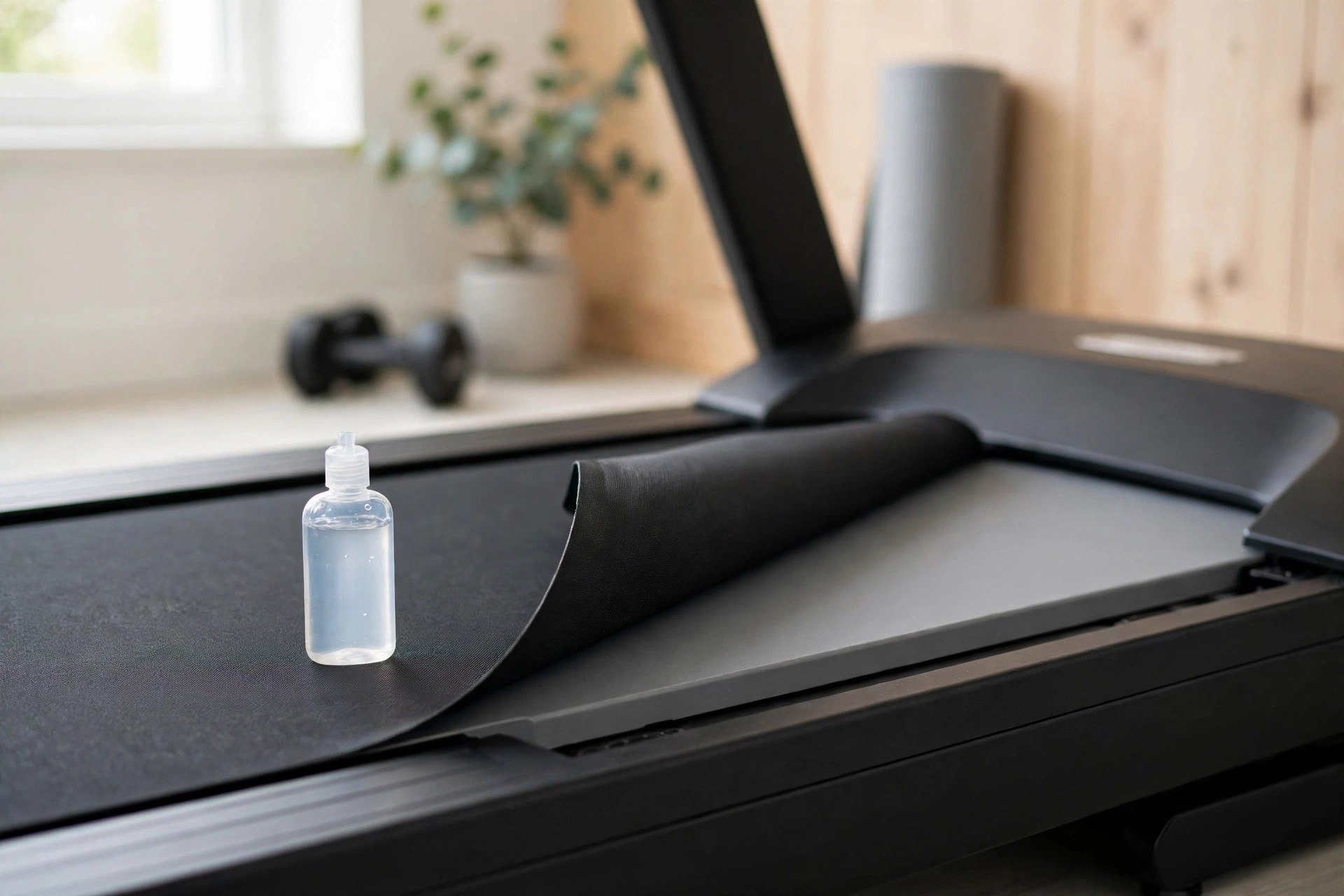 Hands applying silicone lubricant under a lifted treadmill belt with the machine unplugged