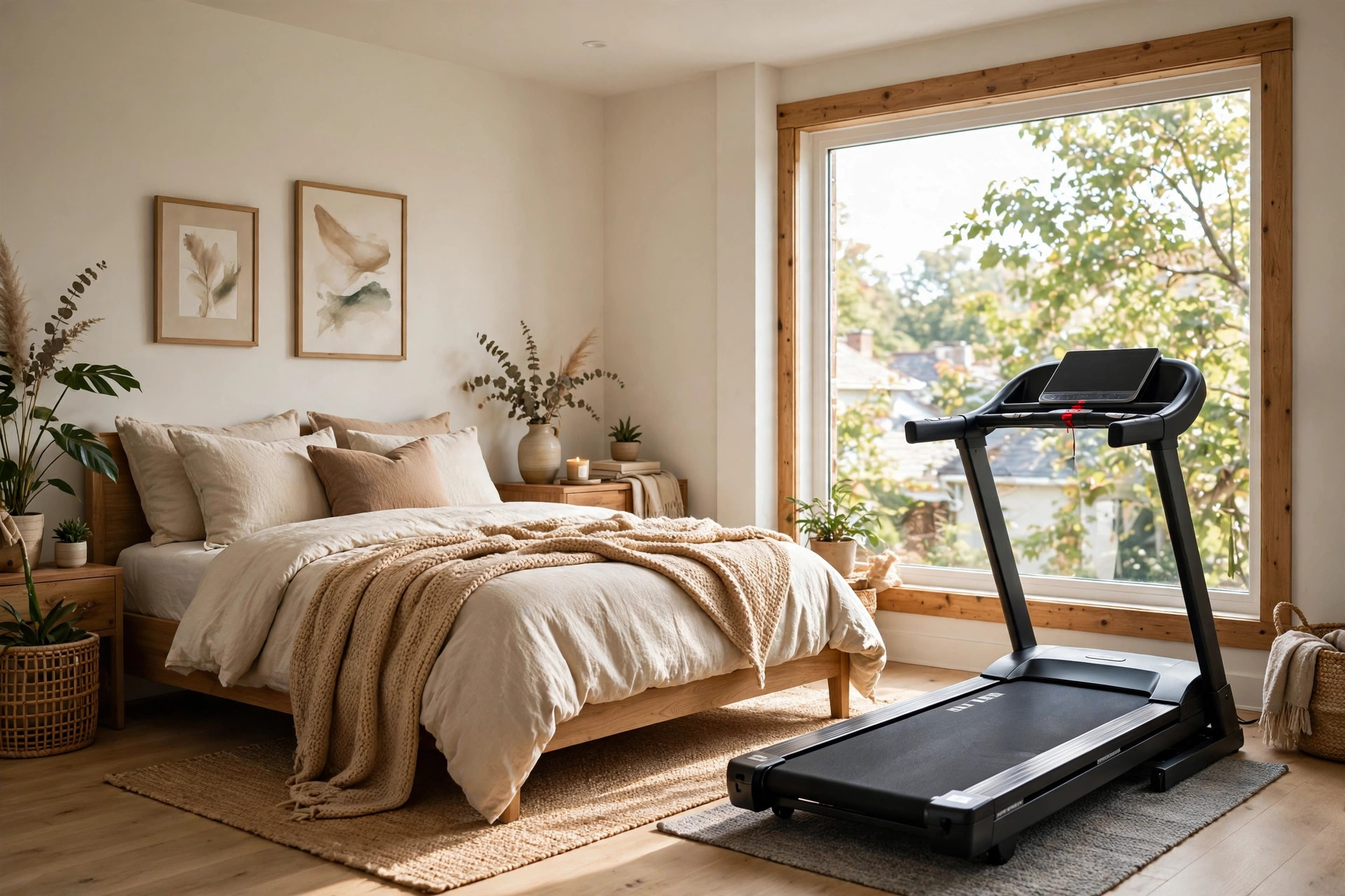 A treadmill in an upstairs apartment room placed in a corner away from the room center